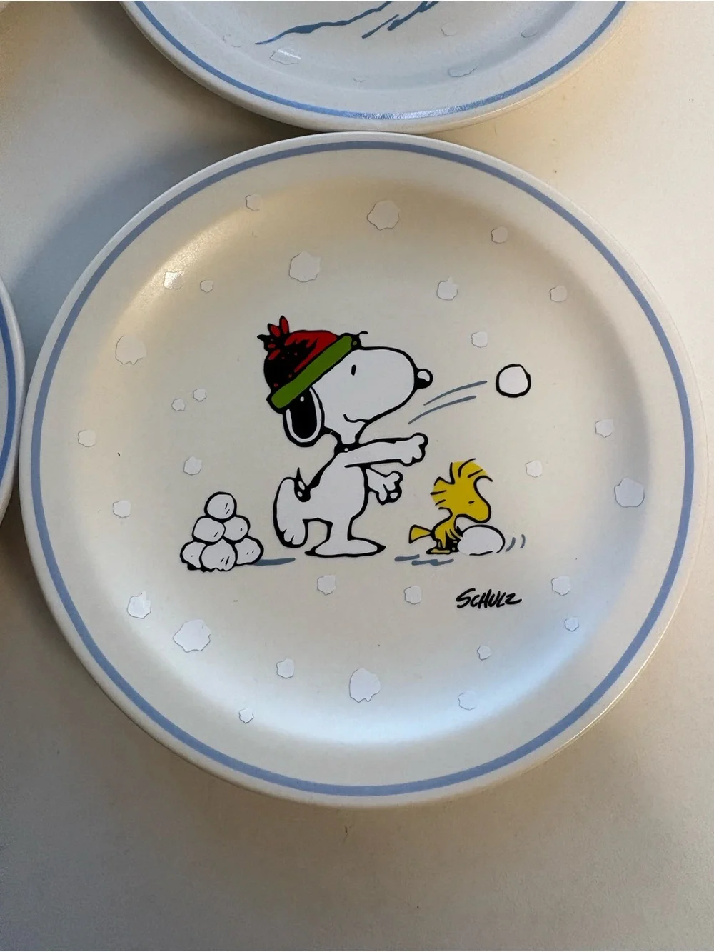Peanuts Snoopy Winter Side Plates - White with Blue Trim (Set of 4) 6.5”